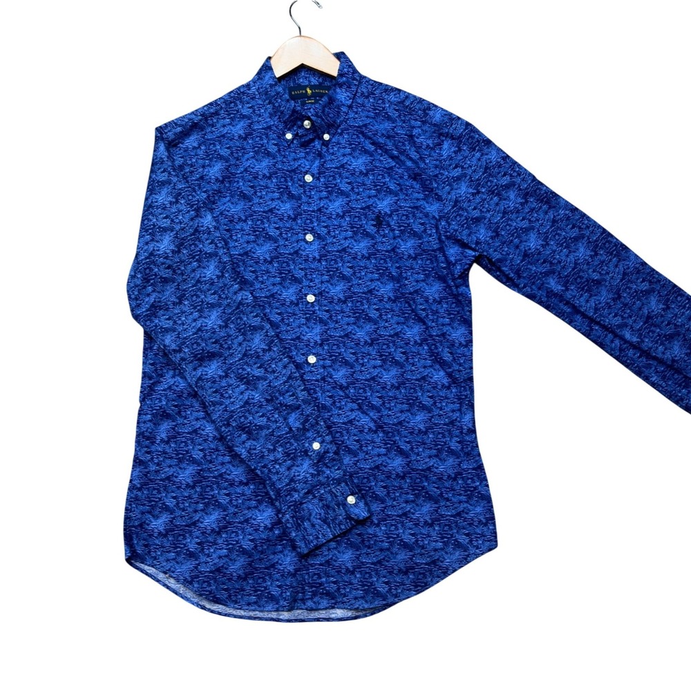 Ralph Lauren Button Down Shirt Mens M Blue Geometric Print Slim Fit Long Sleeve